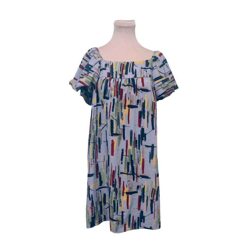Elle Abstract Print Square Neck‎ Puff Sleeve Dress Size M Multicolor Artsy Mini